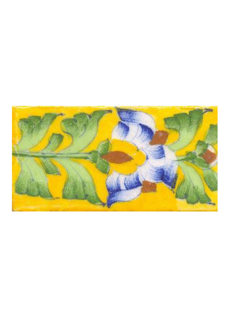 Blue, brown flower with green leaves on yellow tile (2x4-BPT10)