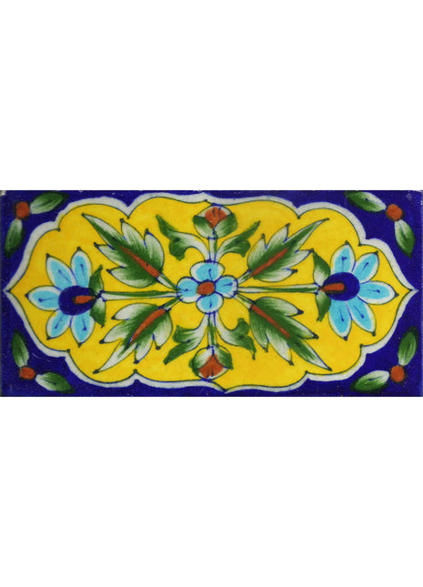 Turquoise Flowers and Yellow Pattern Design On Blue Base Tile