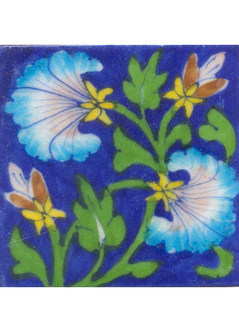 Turquoise and Pink Flowers and Green leaf with Blue Base Tile