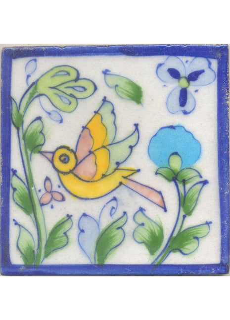 Yellow,Brown and Green Bird and Lime Green leaf with White Base Tile
