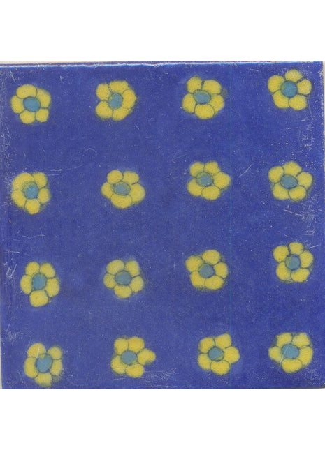 Handmade Yellow Floral Drawing Blue Pottery البلاط