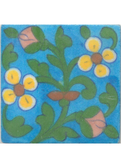 Yellow and Brown Flowers and Green leaf with Turquoise Base Tile
