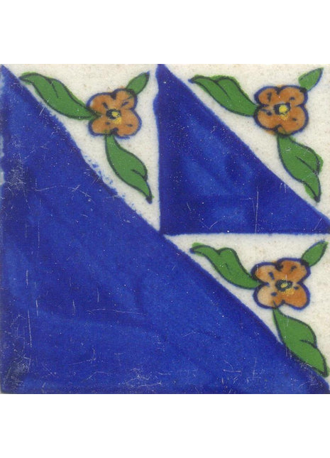 Handcrafted Floral Drawing Blue Pottery Tile