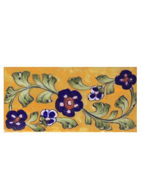 Blue and Brown Flowers and Green Shading leaf with Yellow Base Tile-4
