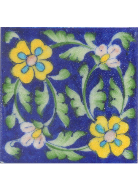 Two Yellow and Turquoise Flowers Lime Green leaf with Blue Base Tile