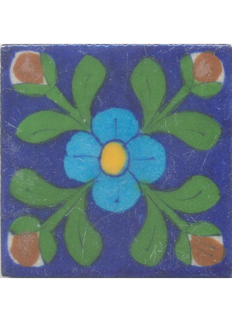 Yellow and Turquoise Flower and Green leaf with Blue Base Tile