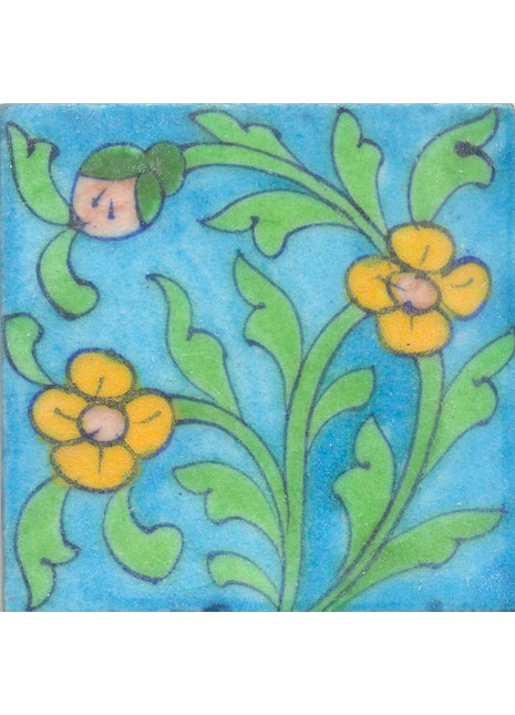 Yellow and Pink Flowers and Green leaf with Turquoise Base Tile