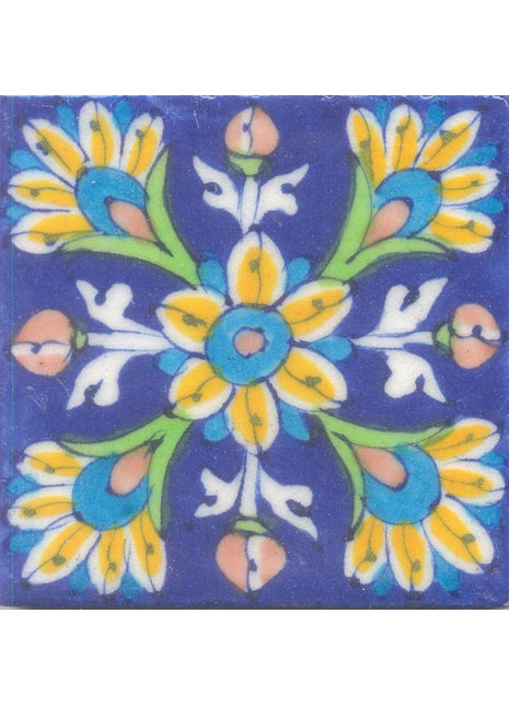 Yellow, turquoise, brown and green flowers on blue tile (3x3-bpt10)