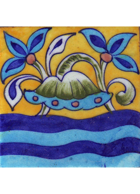 Yellow tile with blue,green and light blue flowers in pond (4x4-bpt11)