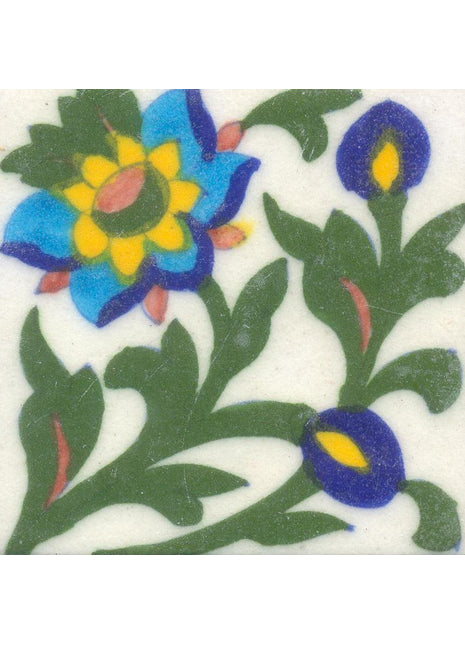 Blue,Yellow and Turquoise Flower and Green leaf with White Base Tile