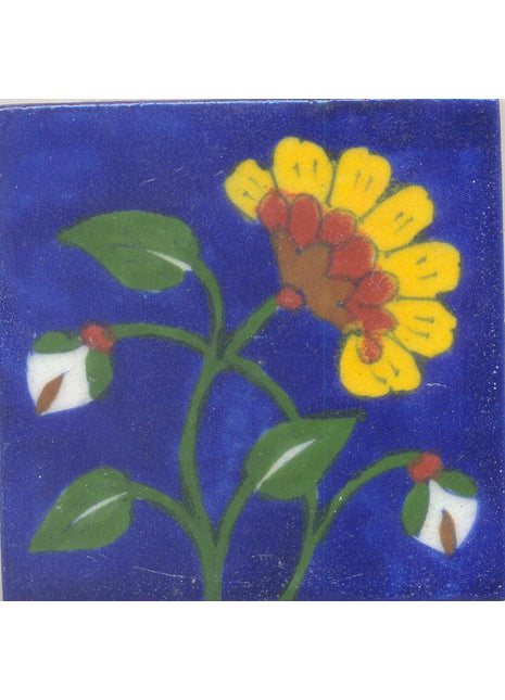 Yellow, Red and Brown Flower and Green leaf with Blue Base Tile