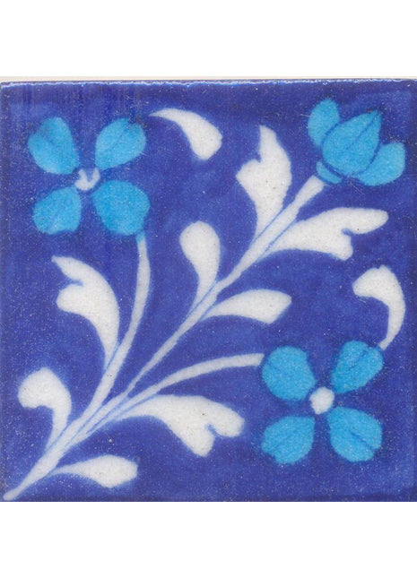 Turquoise Flowers and White leaf with Blue Base Tile