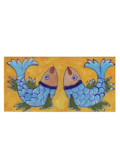 Two Turquoise,Brown,Green and Blue Fish with Yellow Base Tile