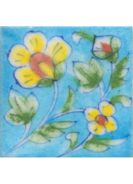 Yellow and Brown Flower and Lime Green leaf with Turquoise Base Tile