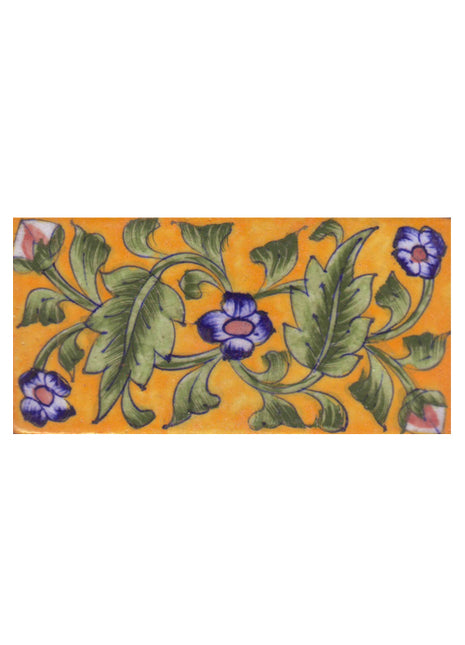 Blue and Brown Flowers and Green Shading leaf with Yellow Base Tile-5