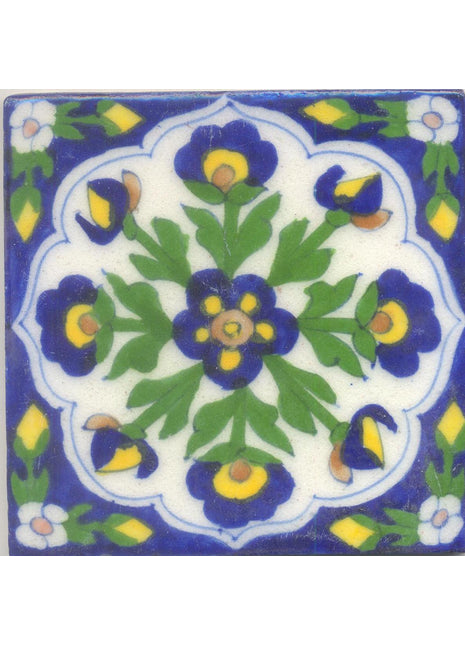 Blue, Yellow and Brown Flowers with White Base Tile