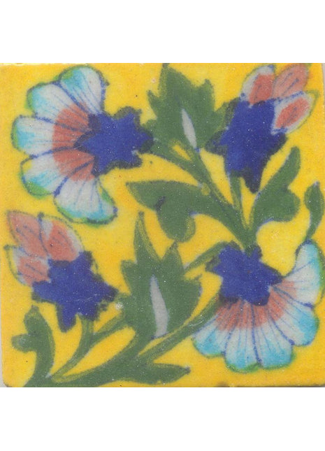 Turquoise,Blue and Brown Flowers and Green leaf with Yellow Base Tile