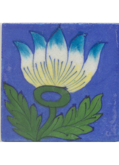 Turquoise and Yellow Flower and Green leaf with Blue Base Tile