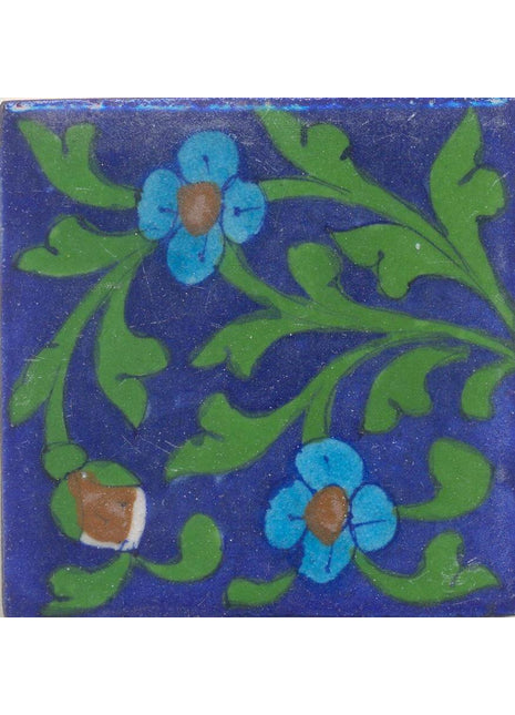Turquoise and Brown Flower Green leaf with Blue Base Tile