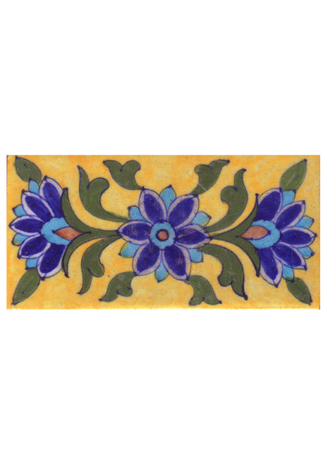 Blue,Brown and Turquoise Flowers and Green Leaf with Yellow Base Tile