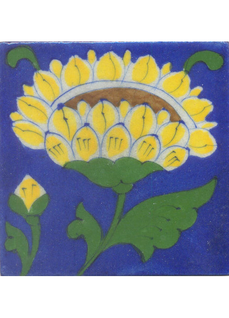 Yellow and Brown Flower and Green leaf with Blue Base Tile
