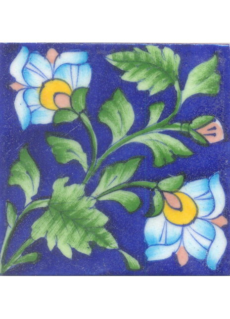 Turquoise and Yellow Flower and Lime Green leaf with Blue Base Tile