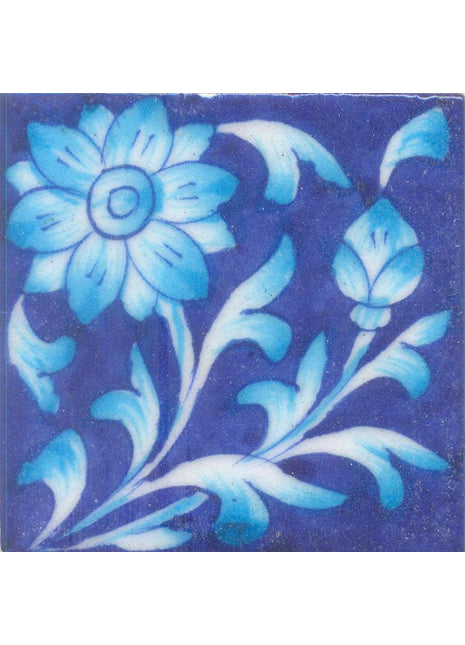 Turquoise Flower and leaf with Blue Base Tile
