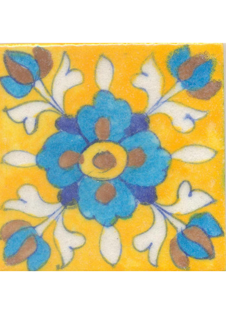 Turquoise,Brown and Yellow Flower and White leaf with Yellow Base Tile