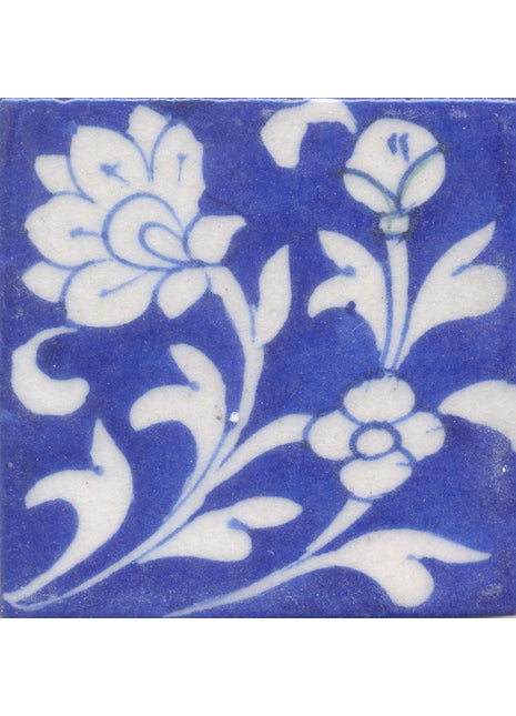 White Flower and leaf with Blue Base Tile