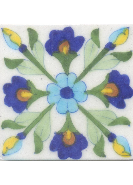Blue,Brown and Yellow Flowers and Lime Green leaf with White Base Tile