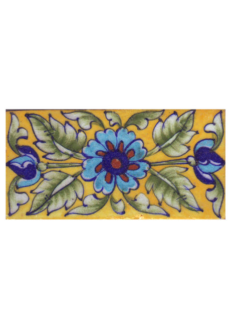 Turquoise,Blue,Brown Flower and Green Shading leaf with Yellow Base Tile