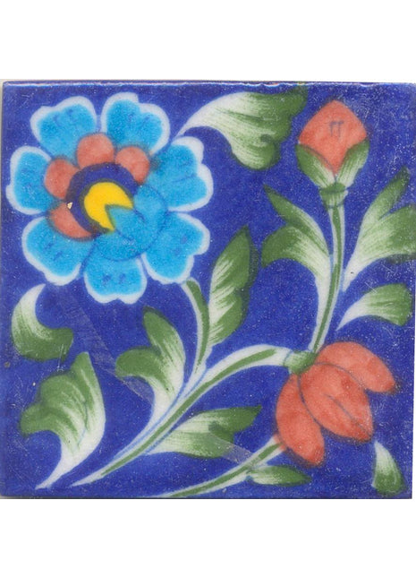 Turquoise,Yellow and Brown Flowers and Lime Green leaf with Blue base Tile