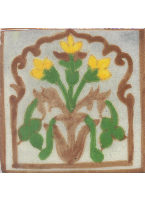 Yellow Flower and Green leaf and Brown design with White Base Tile