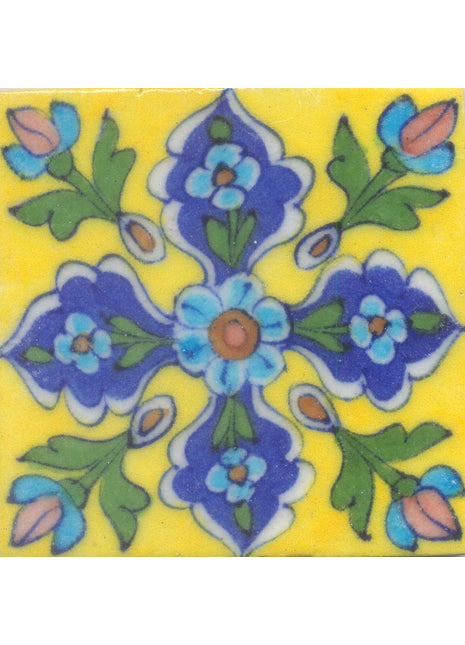 Turquoise Flower Green leaf Blue and Yellow Base Tile