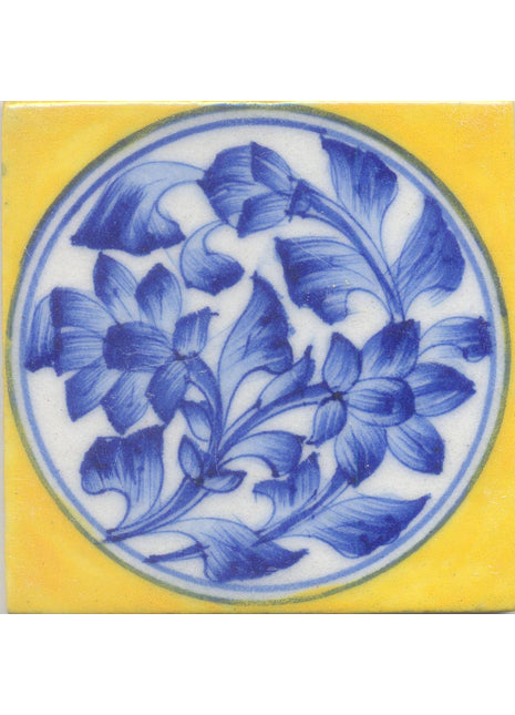 Blue Flower and leaf with Yellow Base Tile