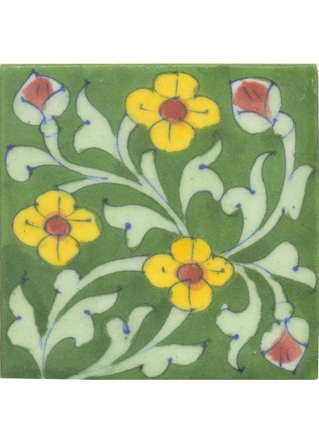 Yellow and Brown Flowers and Lime Green leaf with Green Base Tile