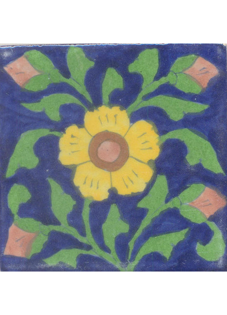 Yellow Flower and Green leaf with Blue Base Tile