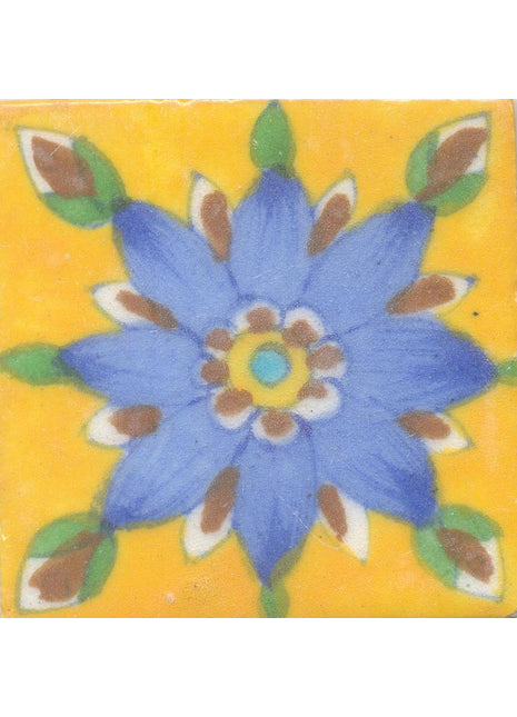 Light Blue,Yellow and Brown Flower and Green leaf with Yellow Base Tile