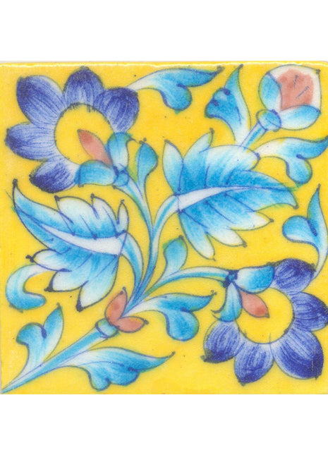 Blue,Yellow and Brown Flower and Turquoise leaf with Yellow Base Tile