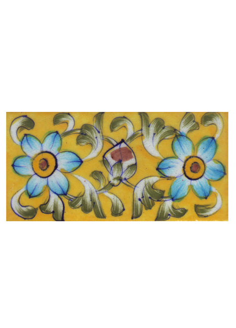 Turquoise,Brown and Yellow Flowers and Green Shading leaf with Yellow Base Tile6