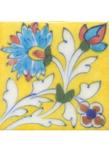 Turquoise,Yellow and Brown Flower and White leaf with Yellow Base Tile