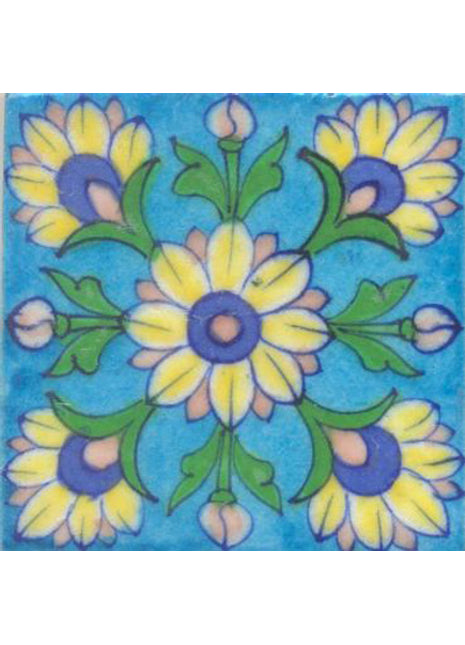 Yellow and Blue Flowers and Green leaf with Turquoise Base Tile
