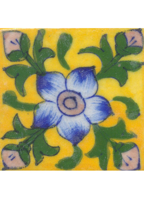 Turquoise and Pink Flowers and Green leaf with Yellow Base Tile