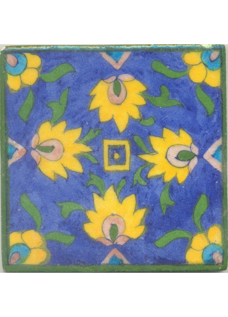 Yellow and Pink Flowers and Green leaf with Blue Base Tile