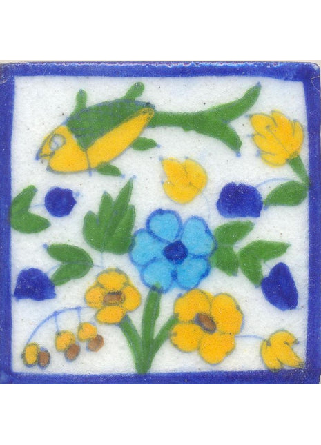 Yellow and Green Fish and Turquoise and Yellow Flowers and Green leaf with White Base Tile