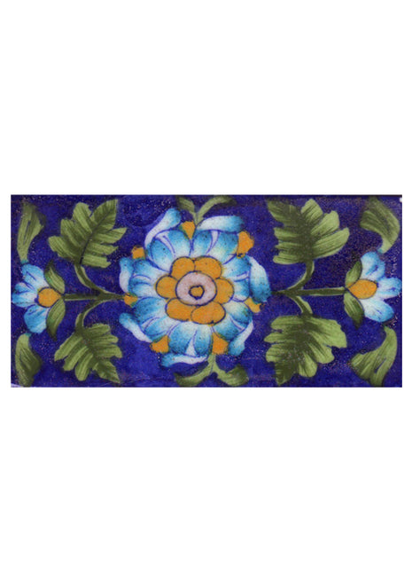 Turquoise,Pink and Yellow Flower and Green Shading leaf with Blue Base Tile