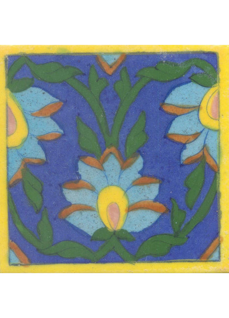 Yellow,Brown and Turquoise Flowers and Green leaf with Blue Base Tile