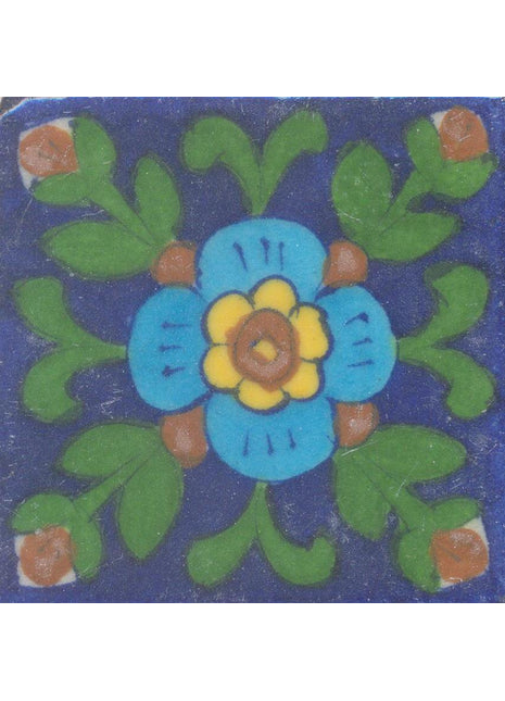 Brown,Yellow and Turquoise Flowers and Green leaf with Blue Base Tile