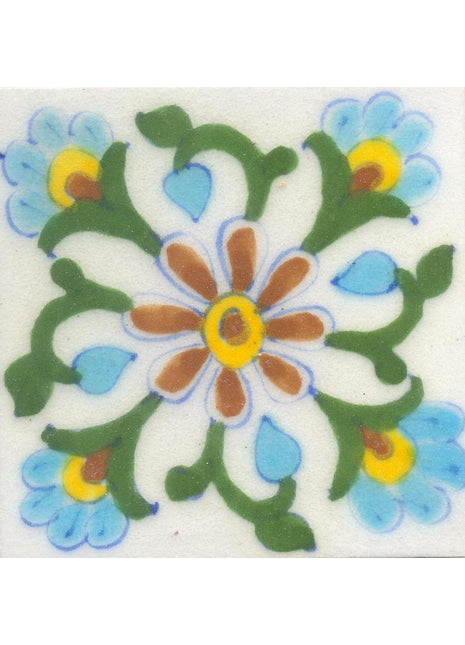 Brown,Yellow and Turquoise Flowers and Green leaf with White Base Tile