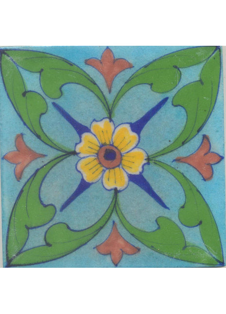 Yellow and Brown Flower and Green leaf with Turquoise Base Tile